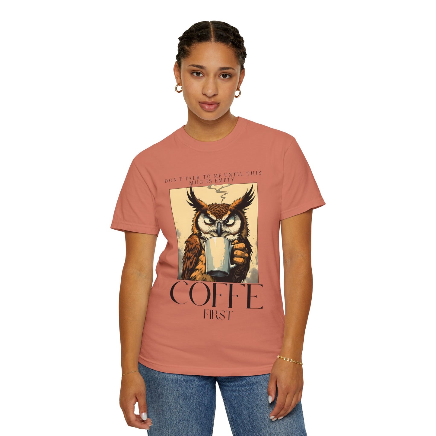 Coffee First Owl T-Shirt — Vintage Coffee Lover Graphic Tee