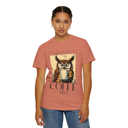Coffee First Owl T-Shirt — Vintage Coffee Lover Graphic Tee