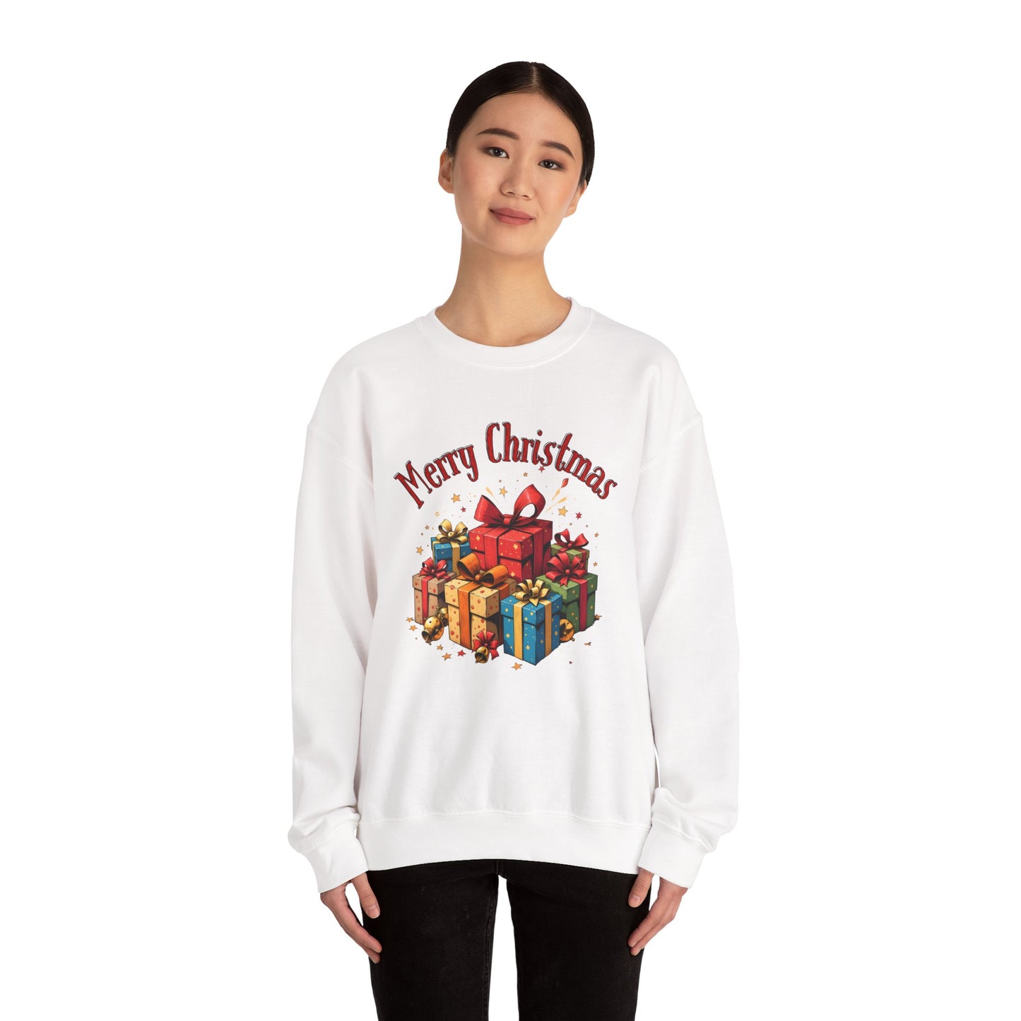 Christmas Crewneck Sweatshirt — "Merry Christmas" with Festive Gift Pile