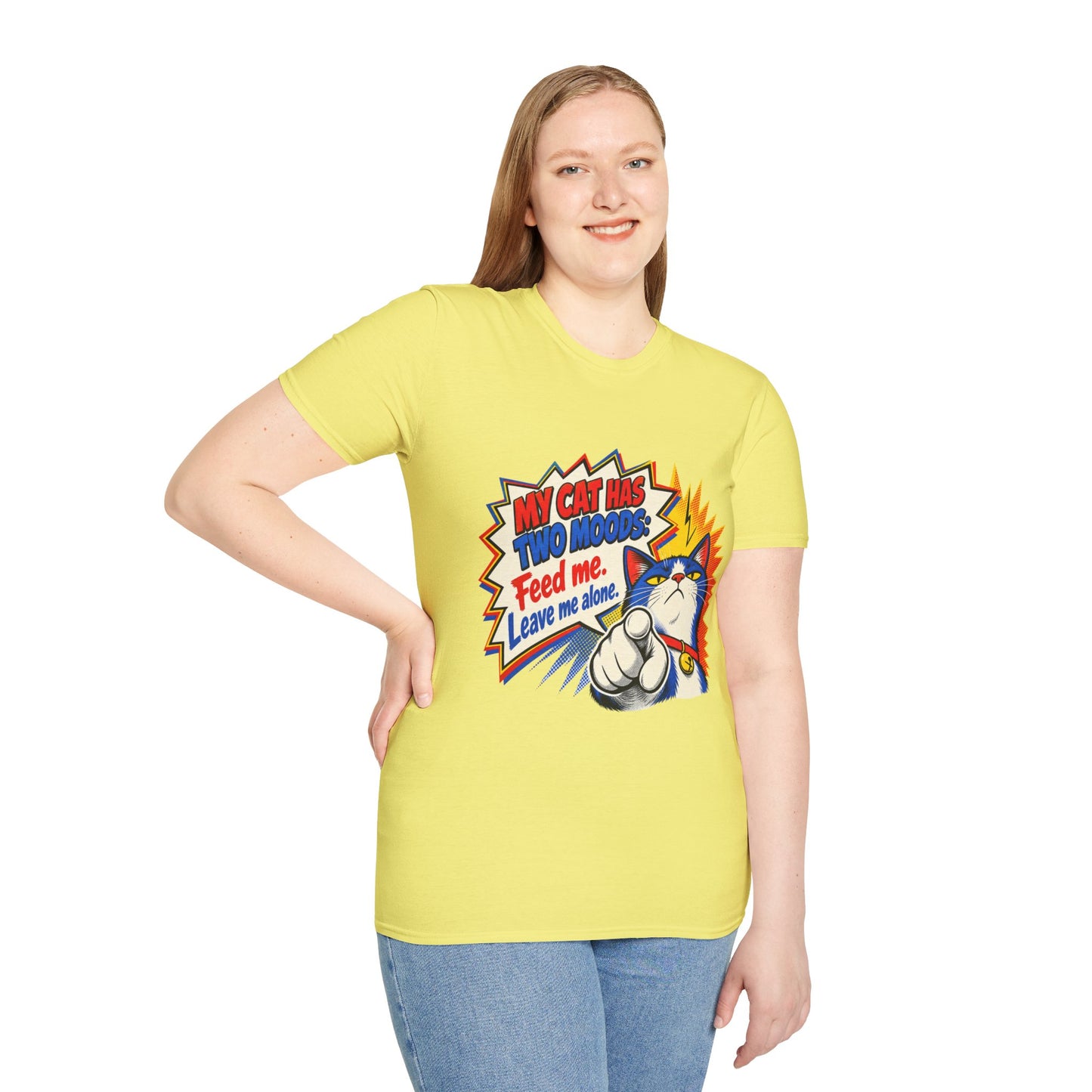 Cat T-Shirt — "My Cat Has Two Moods: Feed Me, Leave Me Alone" Funny Retro Comic Tee