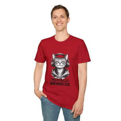 T-Shirt — Cat with Headphones "Mentally: Somewhere Else" – Cute Relaxed Graphic Tee for Cat Lovers