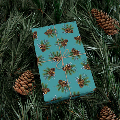 Pinecone Bouquet Gift Wrap - Rustic Teal Holiday Wrapping Paper