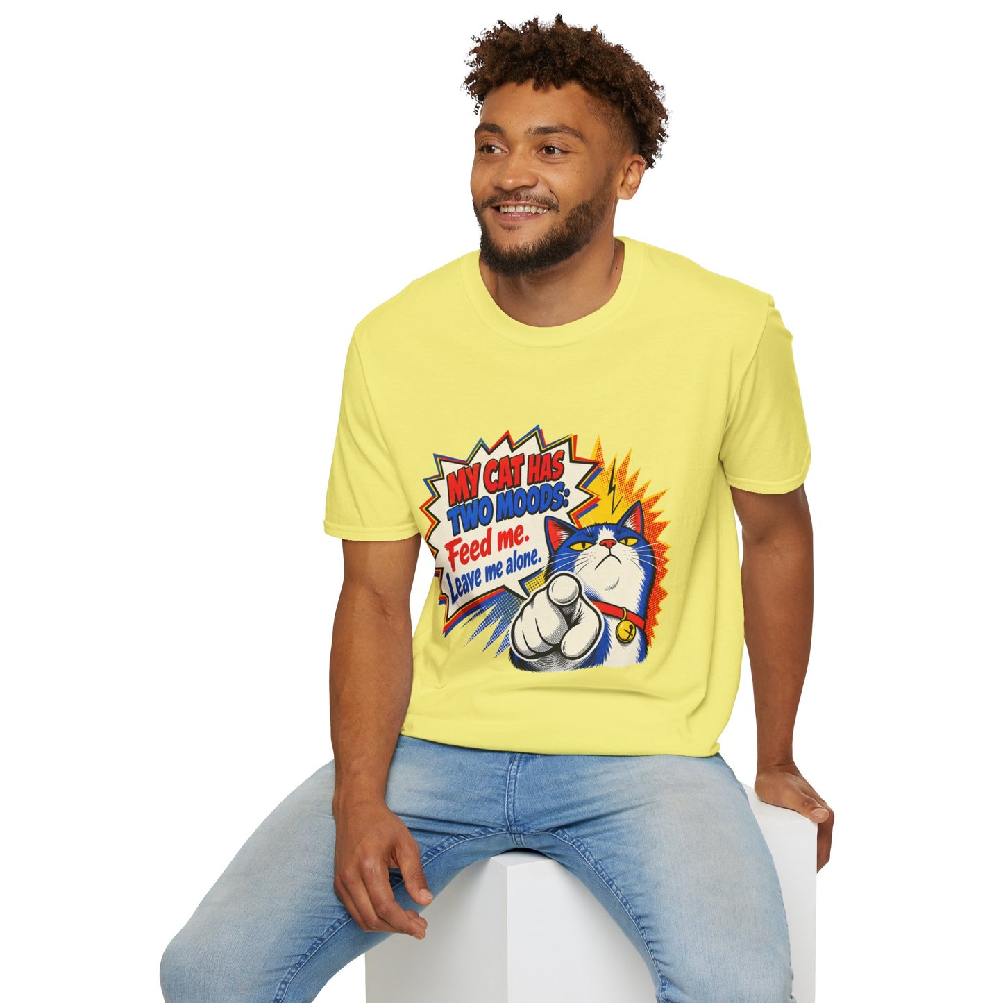 Cat T-Shirt — "My Cat Has Two Moods: Feed Me, Leave Me Alone" Funny Retro Comic Tee