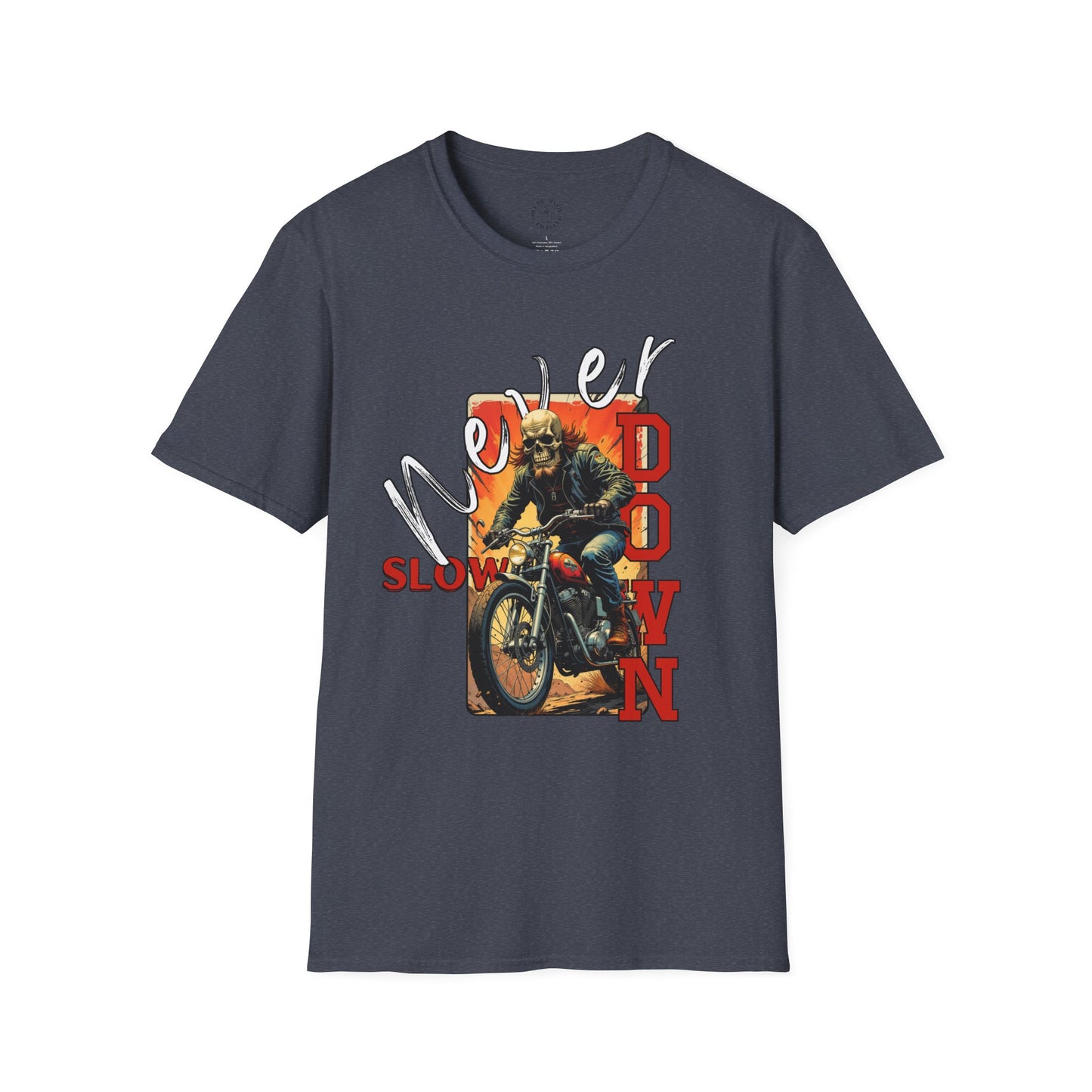 Never Slow Down Motorcycle T-Shirt - Unisex Softstyle Graphic Tee,biker, scull ,twisted