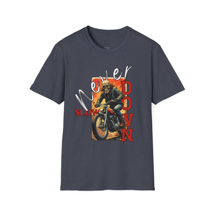 Never Slow Down Motorcycle T-Shirt - Unisex Softstyle Graphic Tee,biker, scull ,twisted