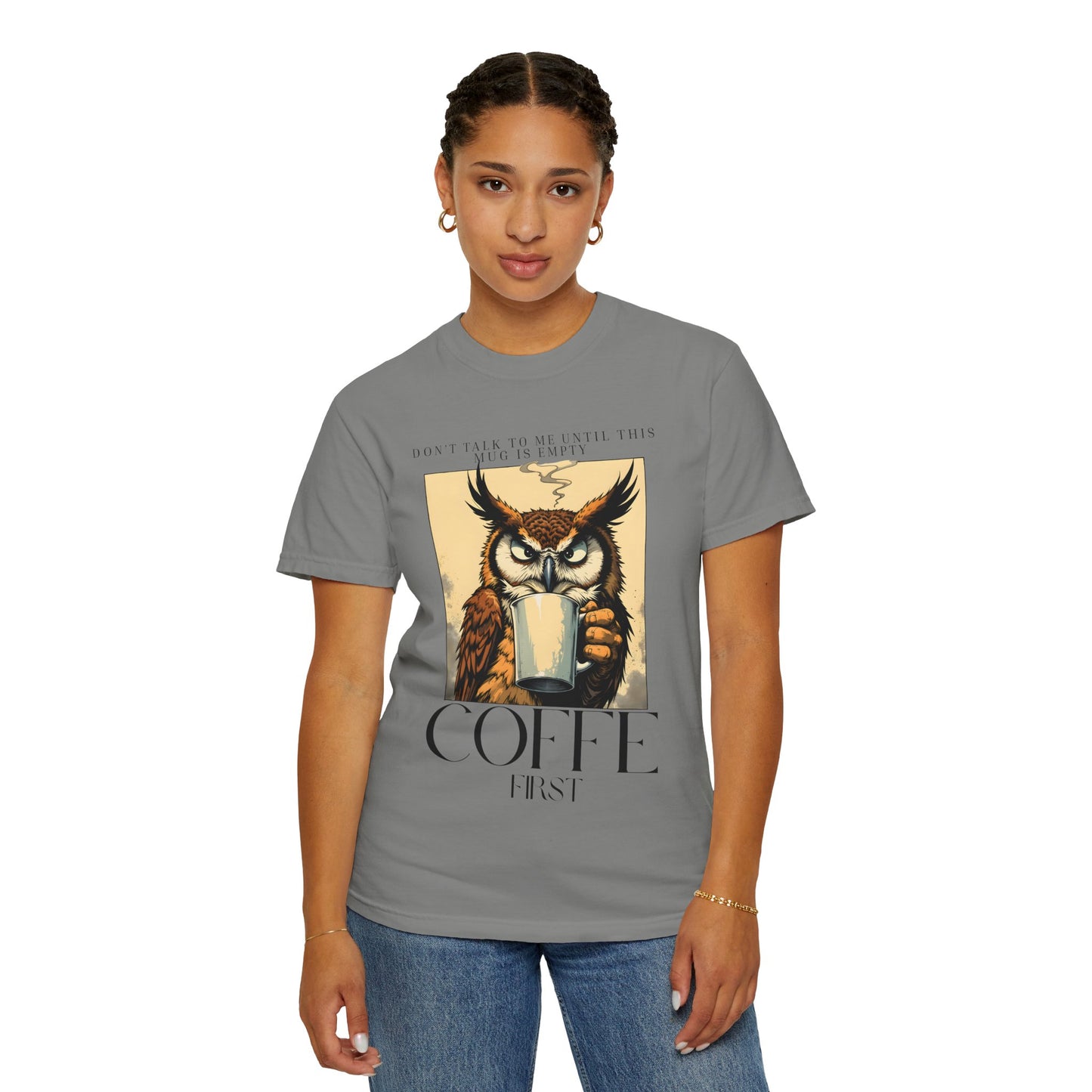 Coffee First Owl T-Shirt — Vintage Coffee Lover Graphic Tee