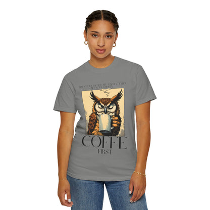 Coffee First Owl T-Shirt — Vintage Coffee Lover Graphic Tee