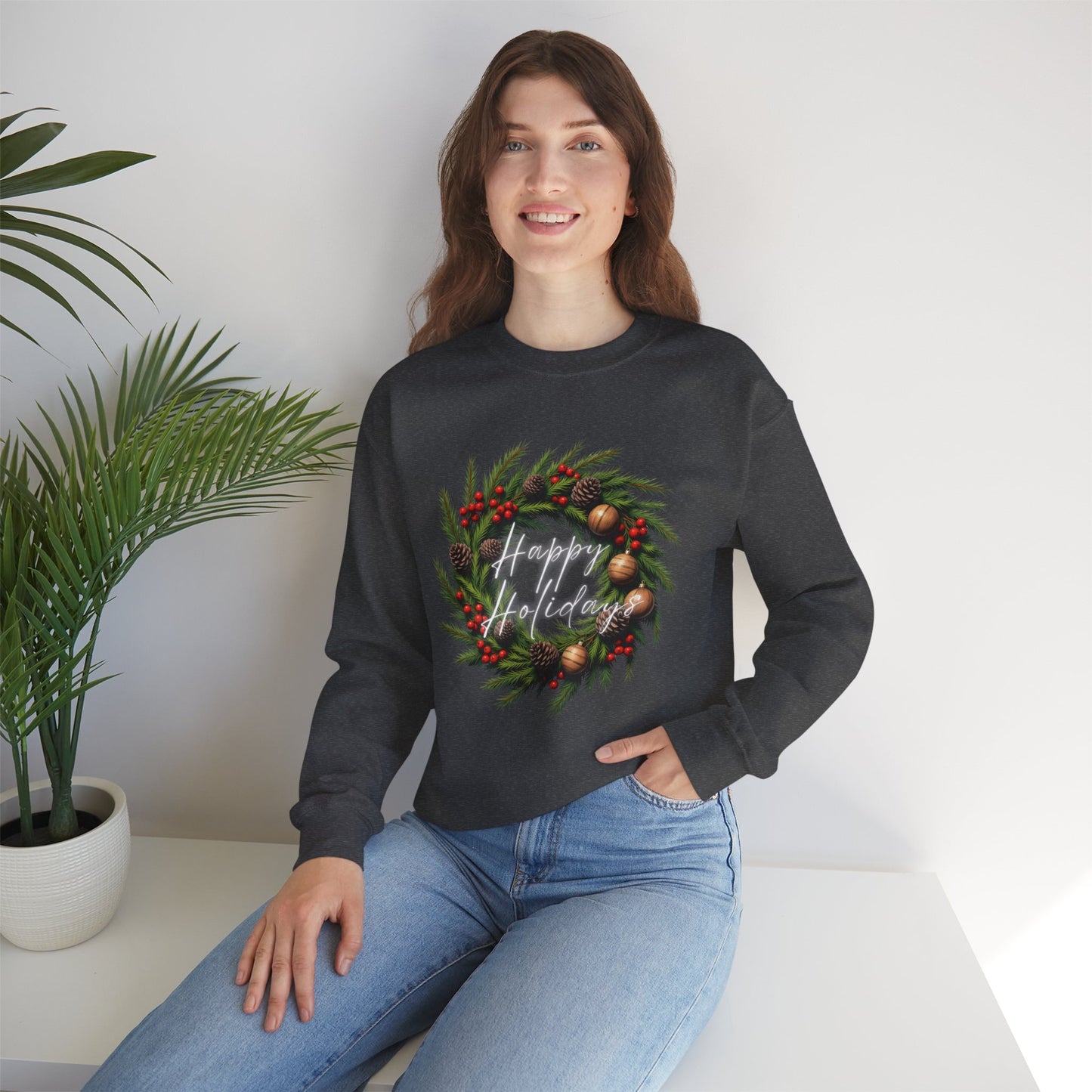 Christmas Wreath Crewneck Sweatshirt – Festive Pine & Ornaments Holiday Sweater