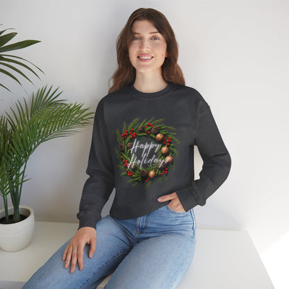Christmas Wreath Crewneck Sweatshirt – Festive Pine & Ornaments Holiday Sweater