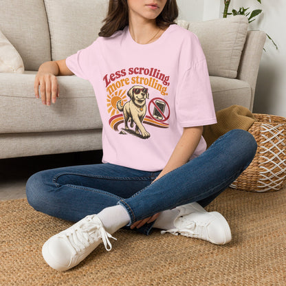 Less Scrolling More Strolling T-Shirt — Retro Dog Walk Graphic Tee