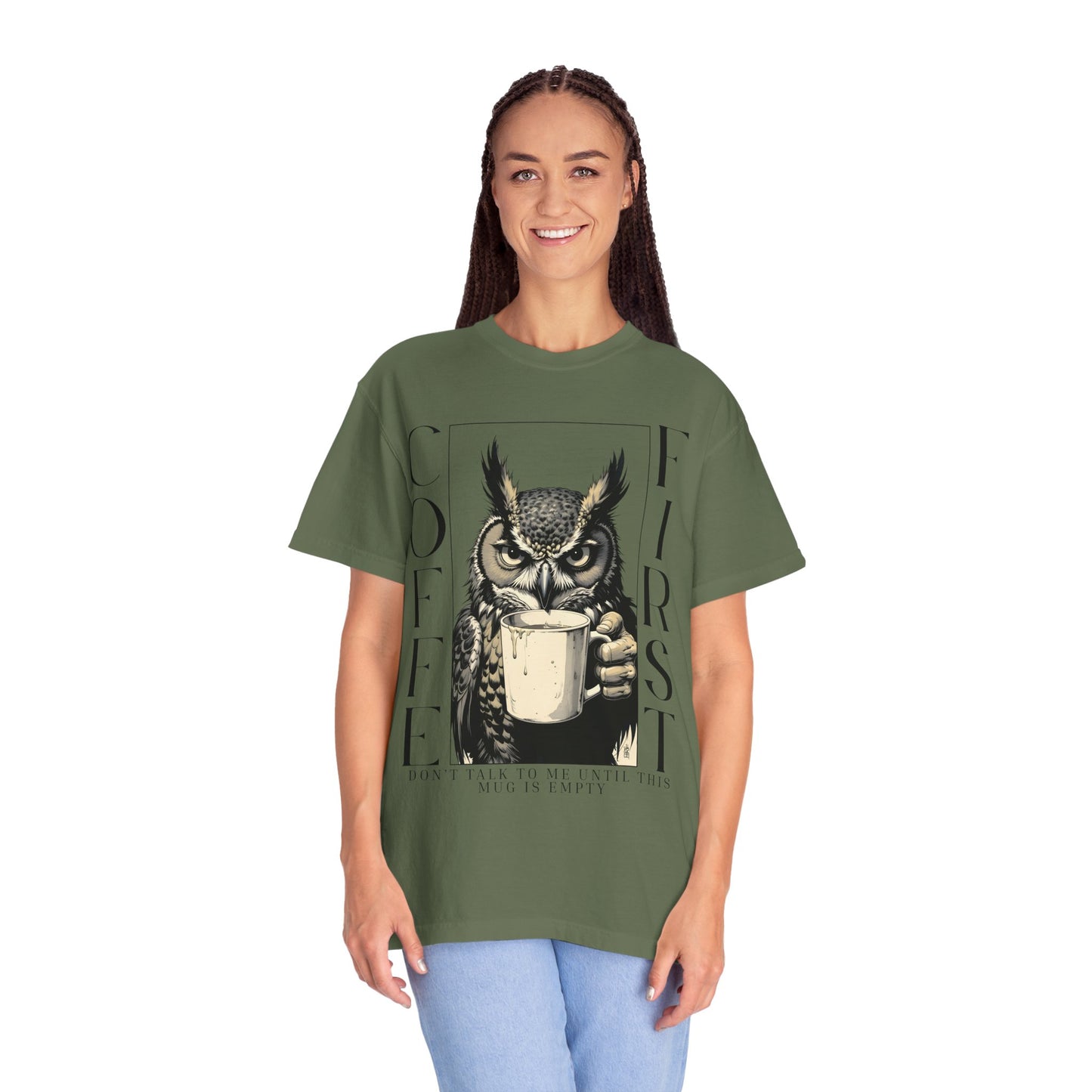 Coffee First Owl T-Shirt — Funny Morning Coffee Tee