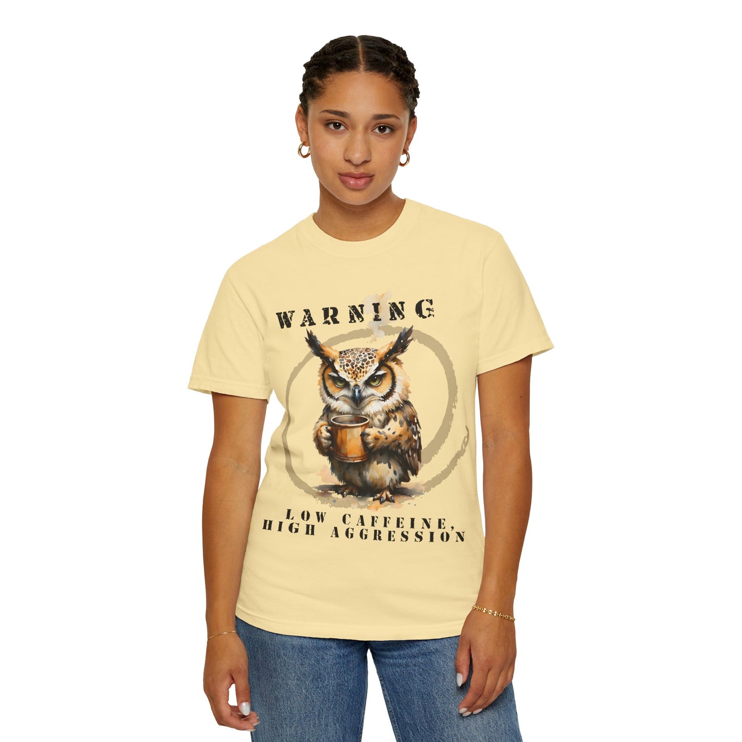 Warning Owl T-Shirt — "Low Caffeine, High Aggression" Graphic Tee