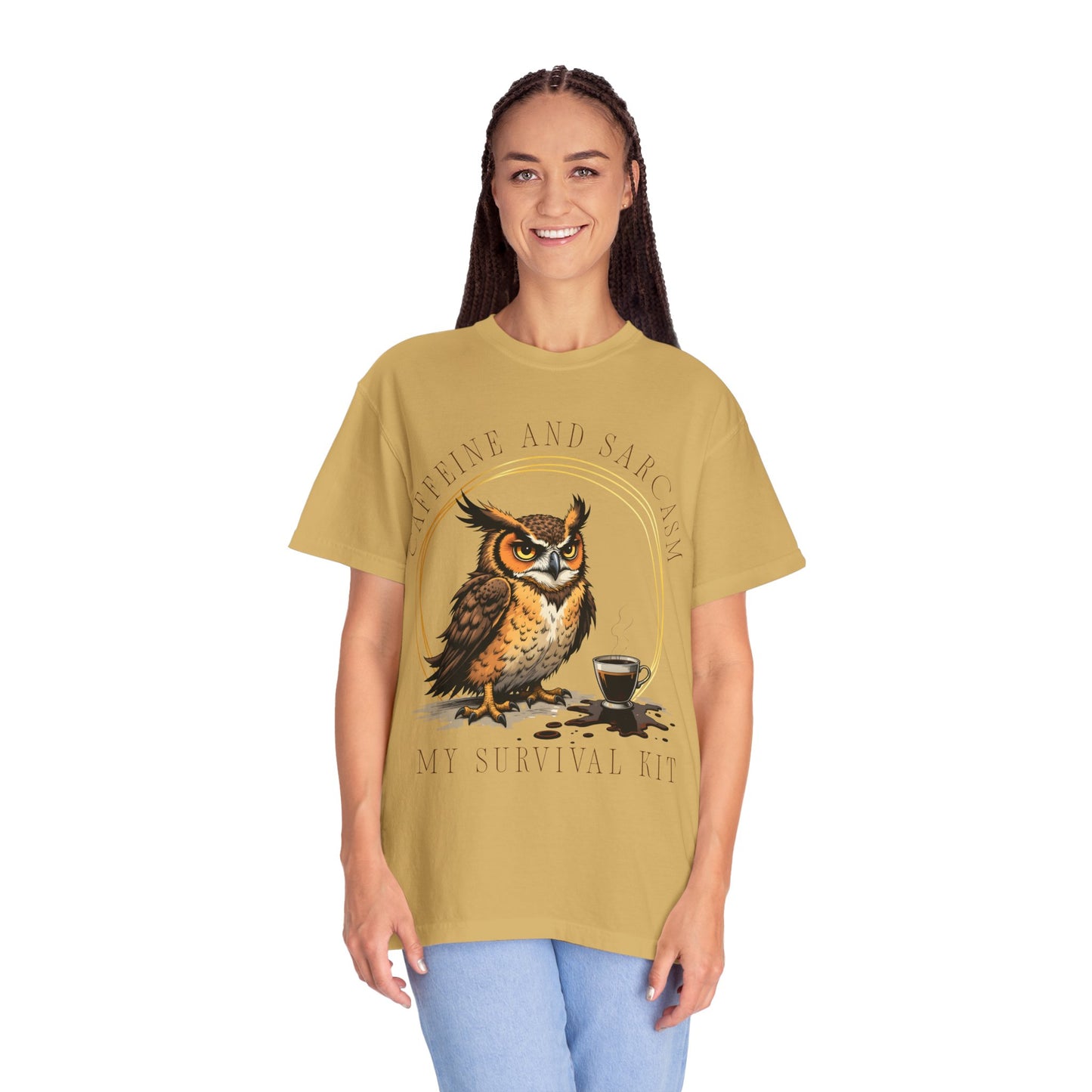 Coffee & Sarcasm Owl T-Shirt — "My Survival Kit" Graphic Tee