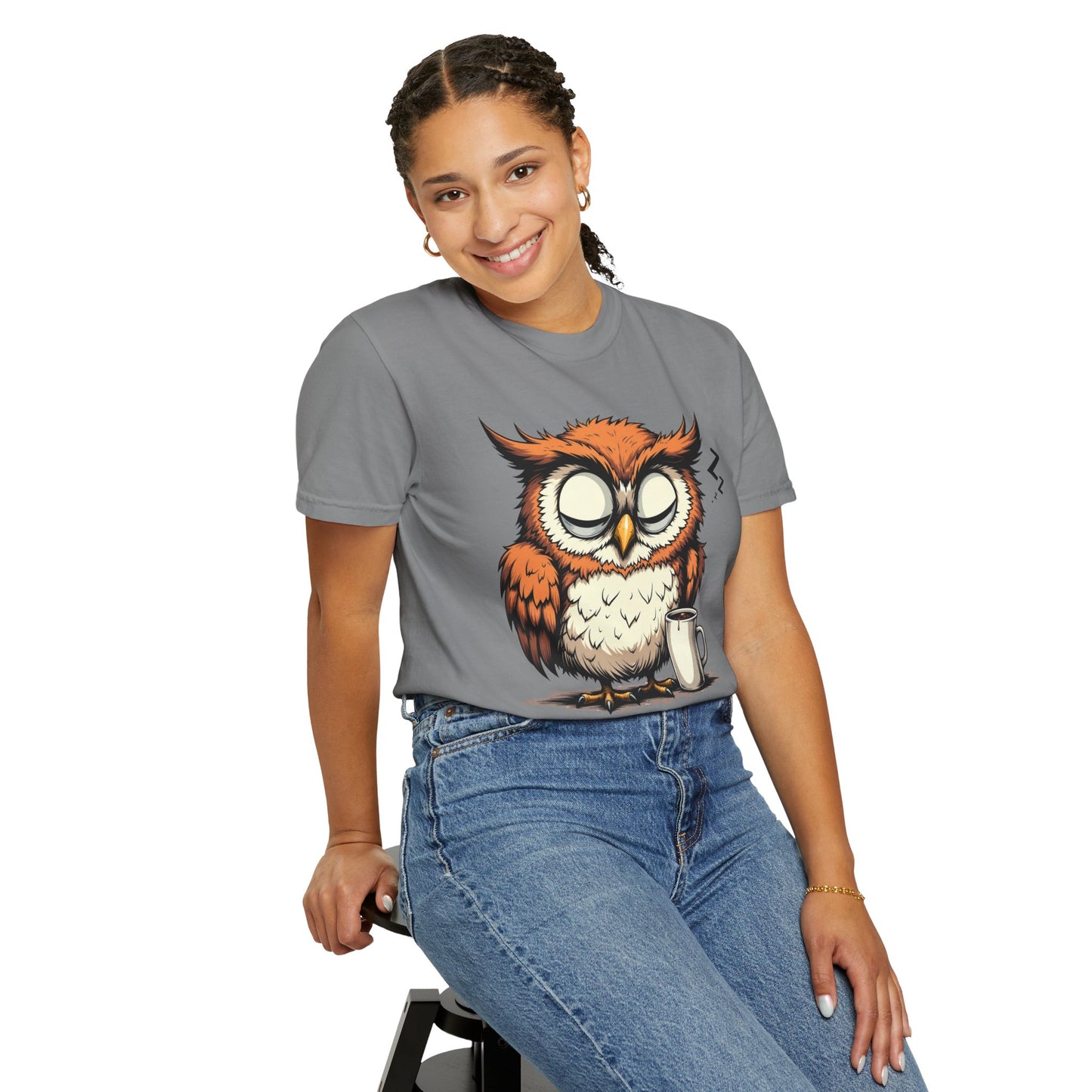 Sleepy Owl Coffee T-Shirt — "Gimme a Minute" Cute Morning Tee