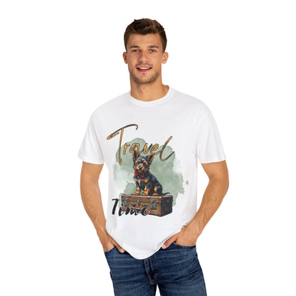 Travel Time Unisex Garment-Dyed T-Shirt with Dog Design