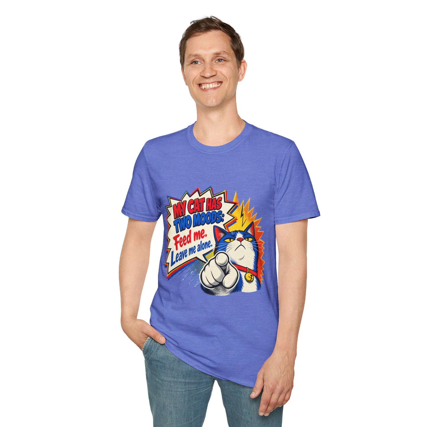 Cat T-Shirt — "My Cat Has Two Moods: Feed Me, Leave Me Alone" Funny Retro Comic Tee