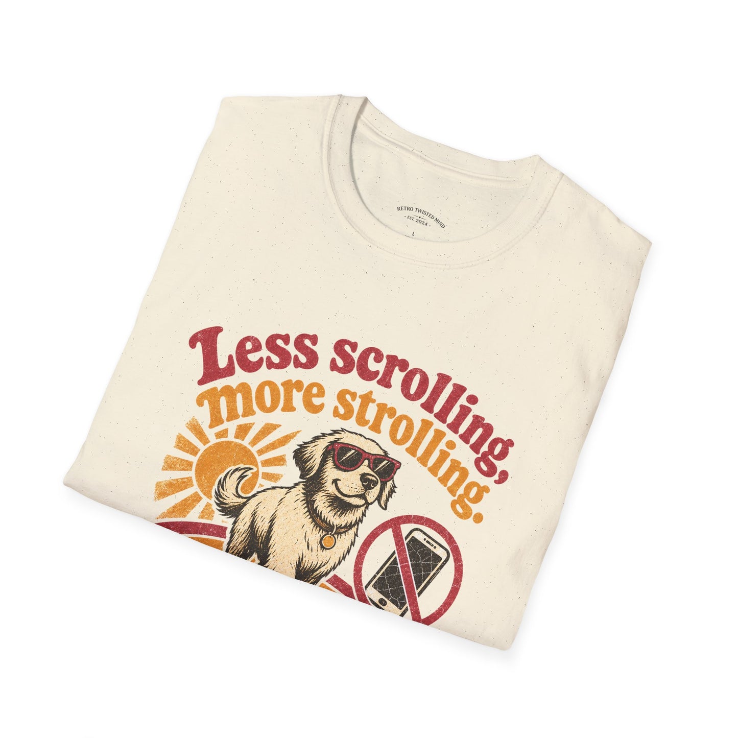 Less Scrolling More Strolling T-Shirt — Retro Dog Walk Graphic Tee