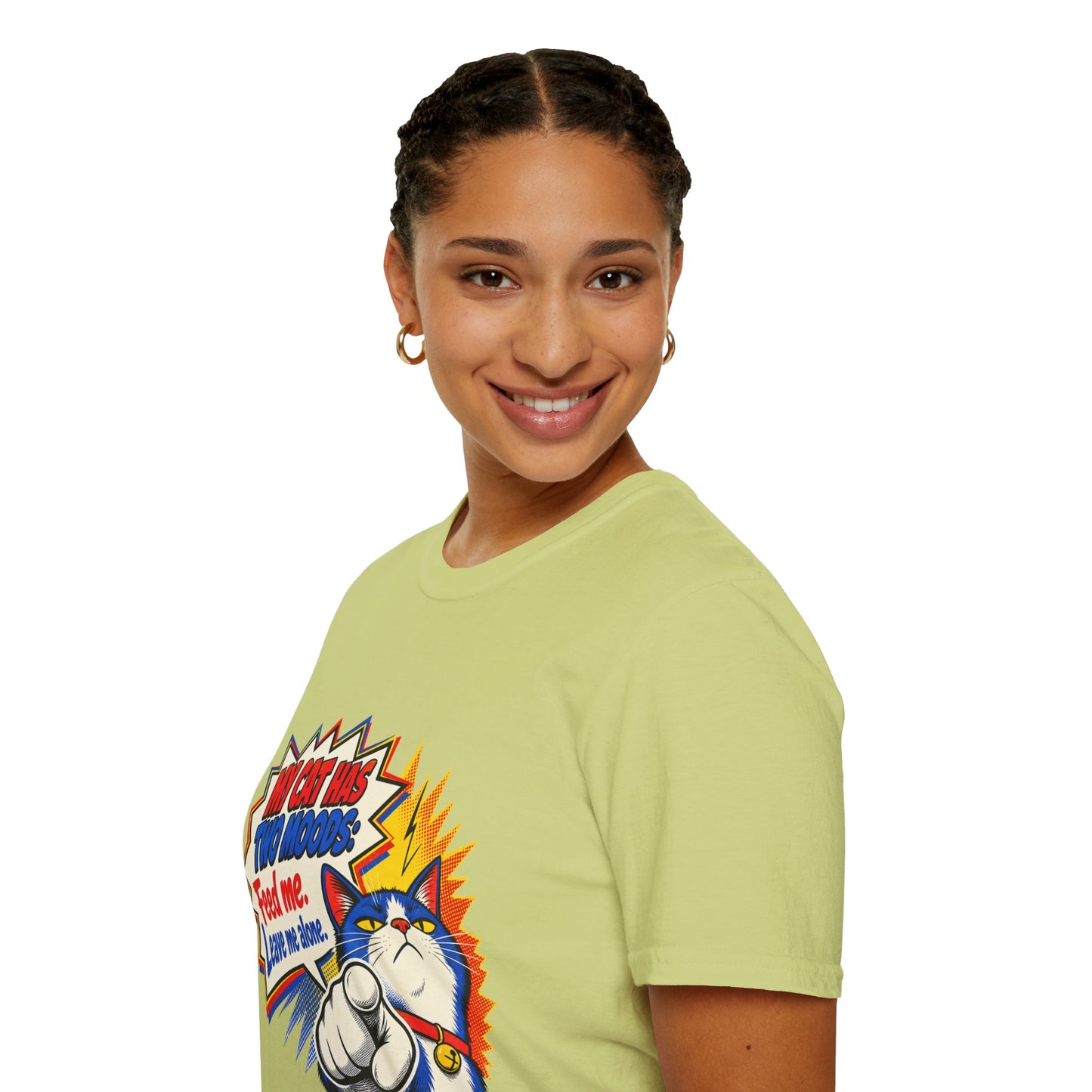 Cat T-Shirt — "My Cat Has Two Moods: Feed Me, Leave Me Alone" Funny Retro Comic Tee