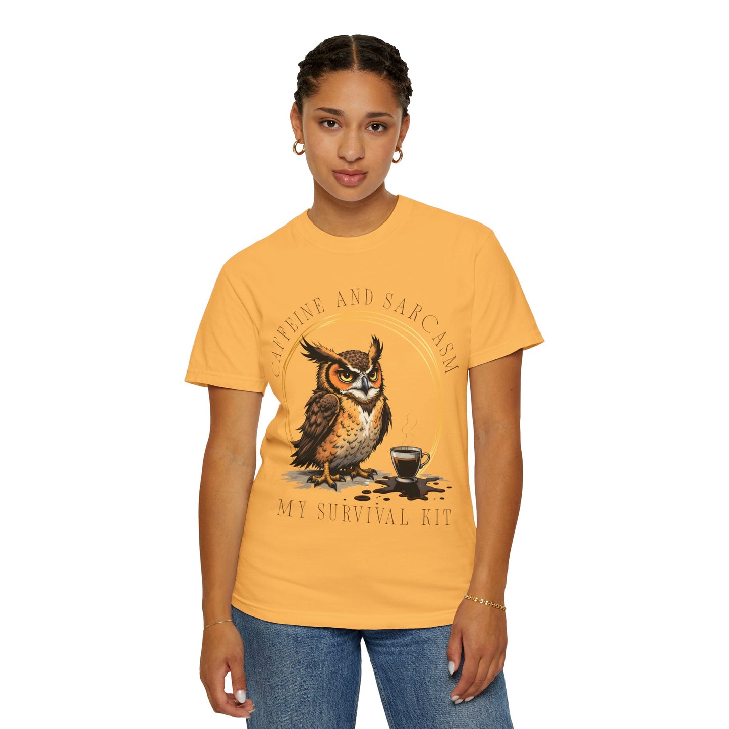 Coffee & Sarcasm Owl T-Shirt — "My Survival Kit" Graphic Tee
