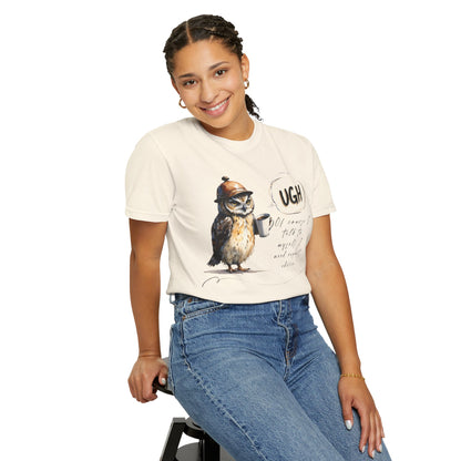 “Ugh” Owl Coffee T-Shirt — Cute Illustrated Owl Saying “UGH” with Coffee