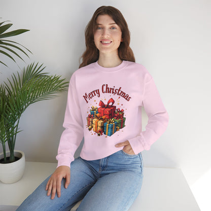 Christmas Crewneck Sweatshirt — "Merry Christmas" with Festive Gift Pile