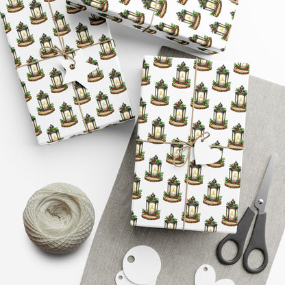 Candle Lantern Pattern Gift Wrap Paper – Holiday Botanical Wrapping Sheets