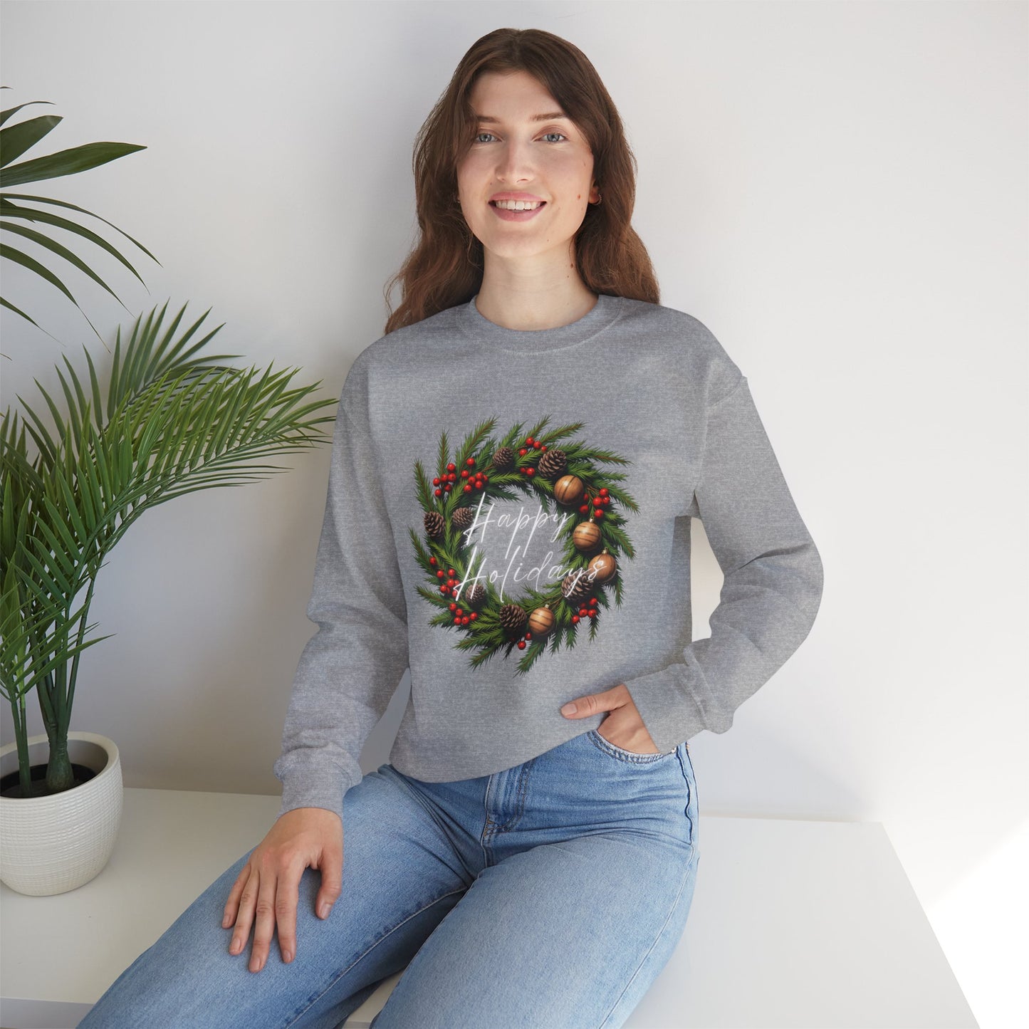 Christmas Wreath Crewneck Sweatshirt – Festive Pine & Ornaments Holiday Sweater