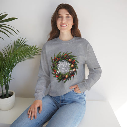 Christmas Wreath Crewneck Sweatshirt – Festive Pine & Ornaments Holiday Sweater