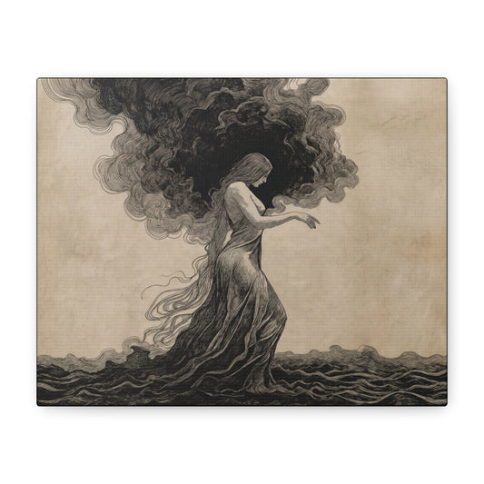 Mystic Sea Siren Matte Canvas Art – Ethereal Woman with Smoke & Waves