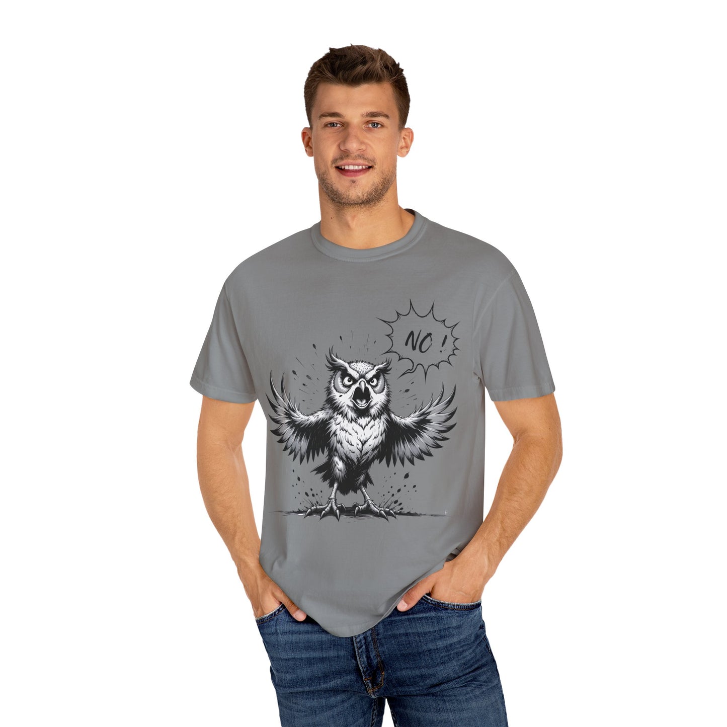 Owl Saying “No” Graphic T-Shirt — Bold Monochrome Illustration