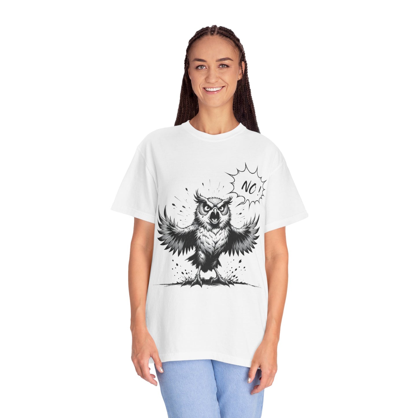 Owl Saying “No” Graphic T-Shirt — Bold Monochrome Illustration
