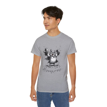 Weightlifting Owl Graphic Tee — "Morning Power" Fitness T-Shirt