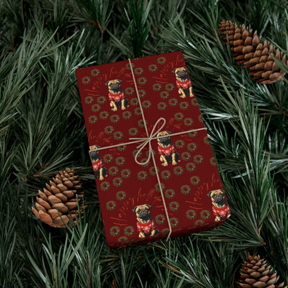 Pug Pattern Gift Wrap Paper — Vintage Floral Red Holiday Wrapping