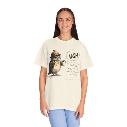 “Ugh” Owl Coffee T-Shirt — Cute Illustrated Owl Saying “UGH” with Coffee