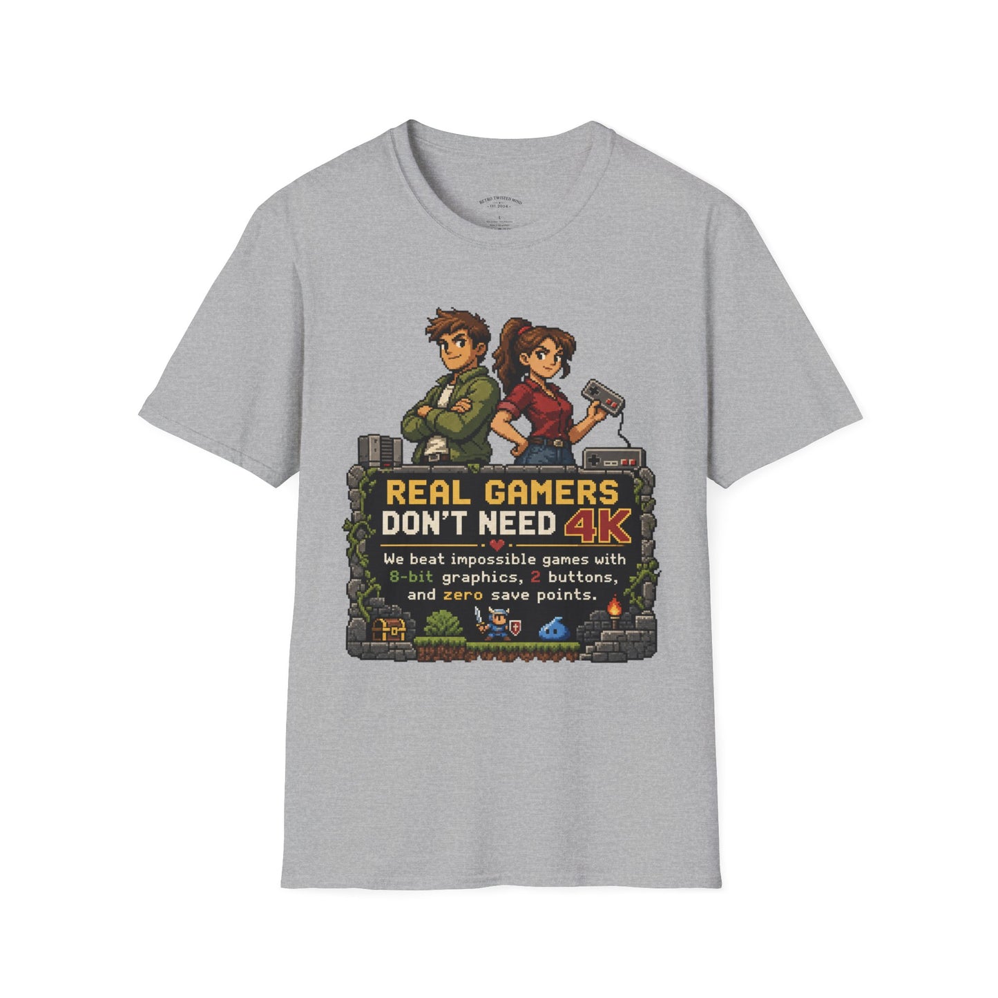 T-Shirt — Retro Pixel 'Real Gamers Don't Need 4K' Graphic Tee