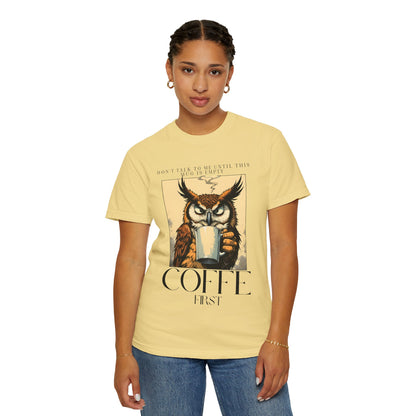 Coffee First Owl T-Shirt — Vintage Coffee Lover Graphic Tee