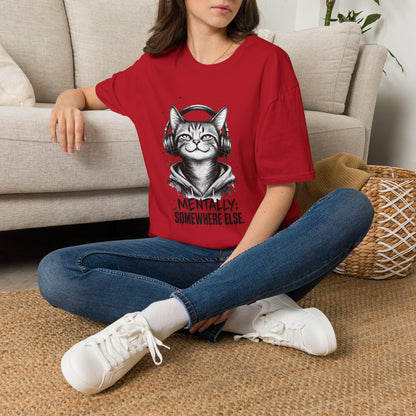 T-Shirt — Cat with Headphones "Mentally: Somewhere Else" – Cute Relaxed Graphic Tee for Cat Lovers