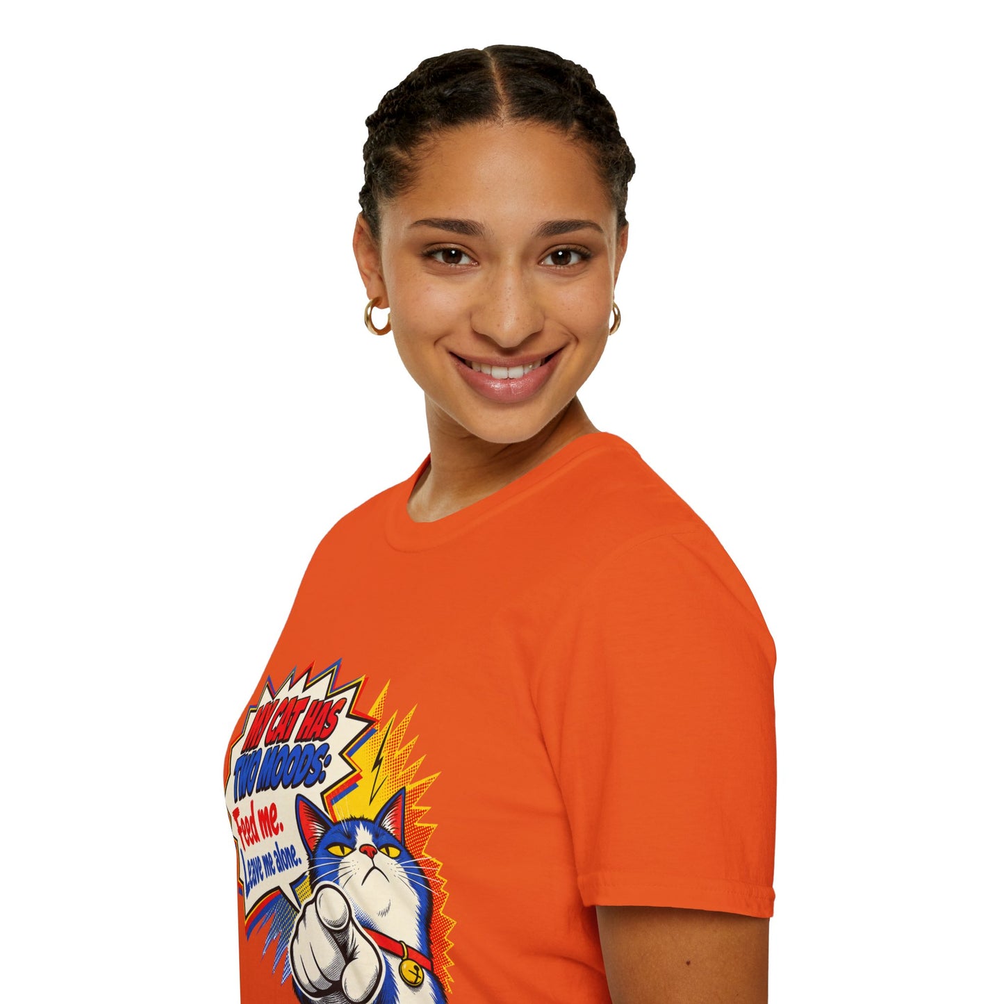 Cat T-Shirt — "My Cat Has Two Moods: Feed Me, Leave Me Alone" Funny Retro Comic Tee