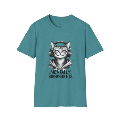 T-Shirt — Cat with Headphones "Mentally: Somewhere Else" – Cute Relaxed Graphic Tee for Cat Lovers