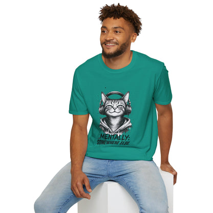 T-Shirt — Cat with Headphones "Mentally: Somewhere Else" – Cute Relaxed Graphic Tee for Cat Lovers