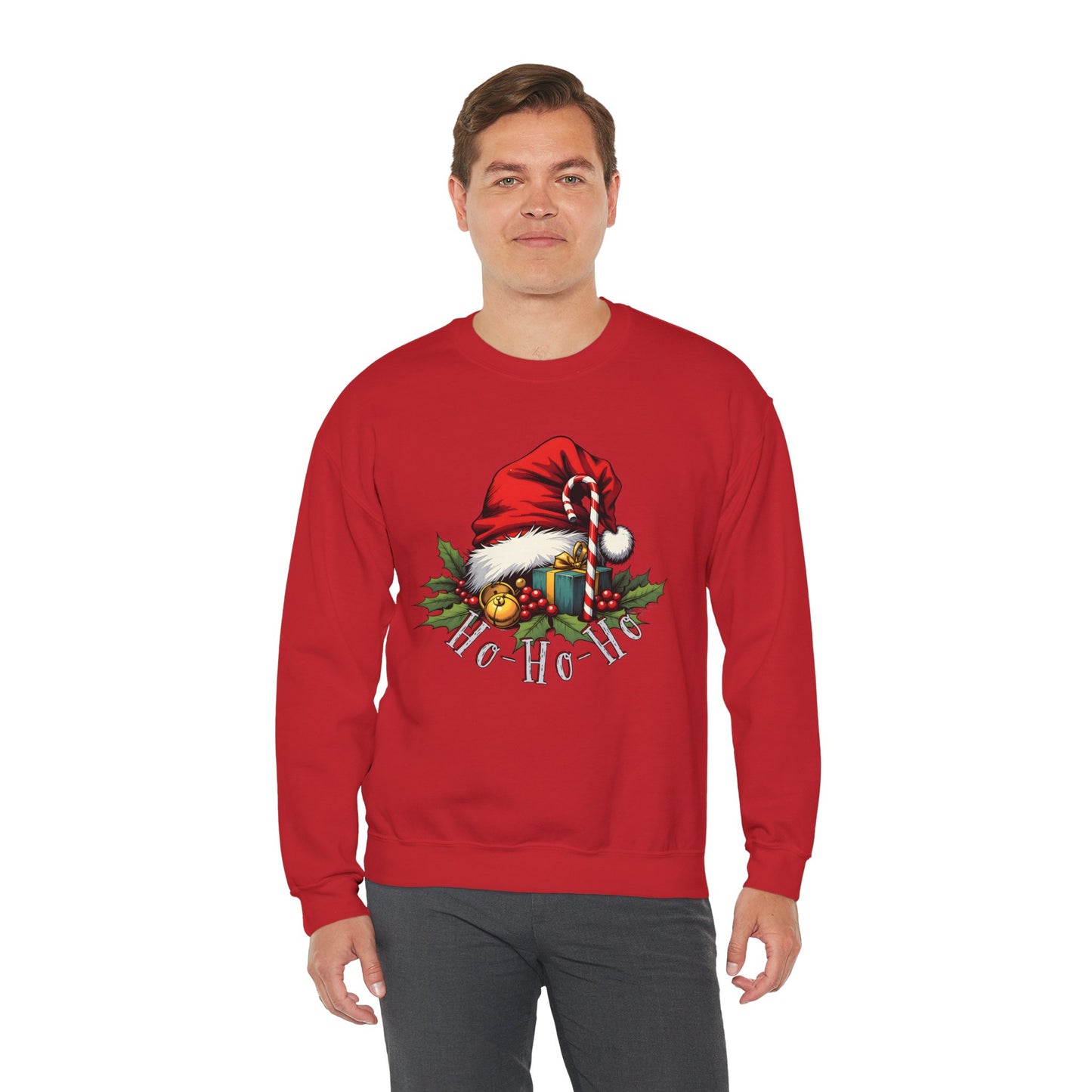 Christmas Sweatshirt - 'Ho-Ho-Ho' Santa Hat & Holly Holiday Crewneck