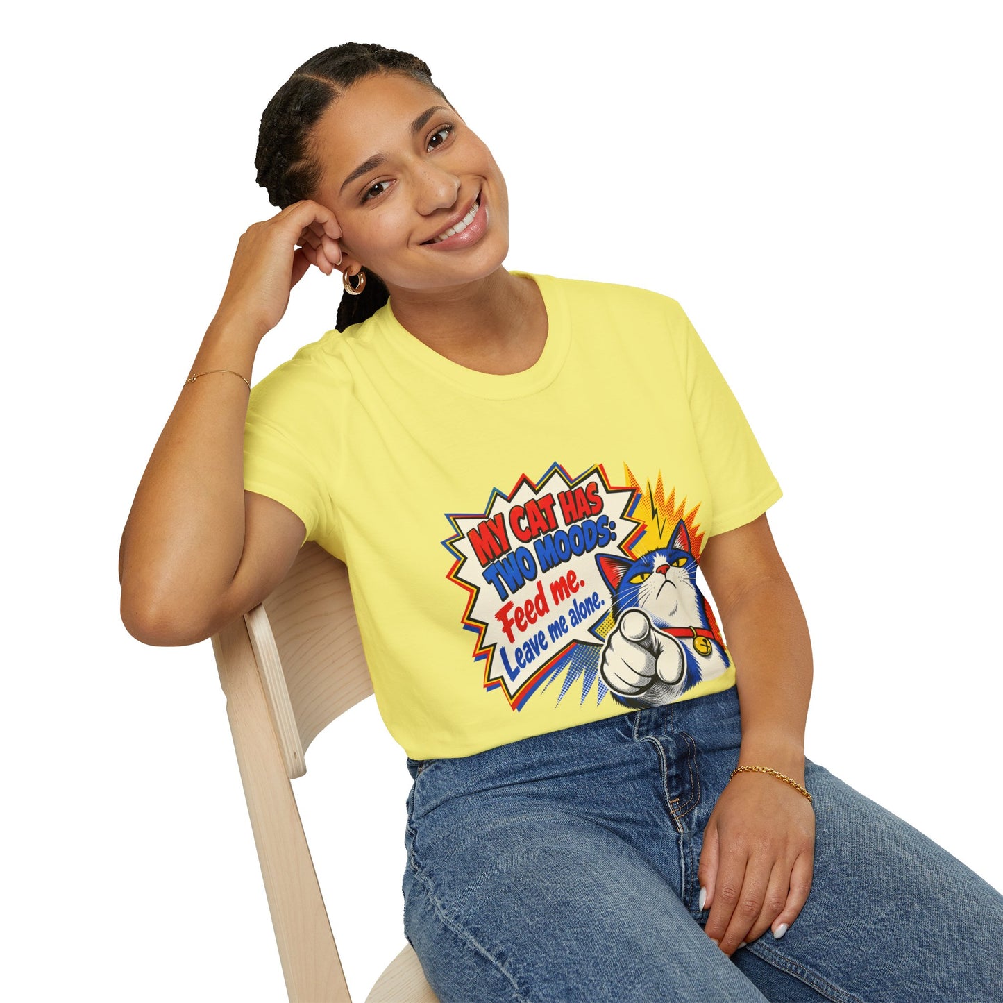 Cat T-Shirt — "My Cat Has Two Moods: Feed Me, Leave Me Alone" Funny Retro Comic Tee