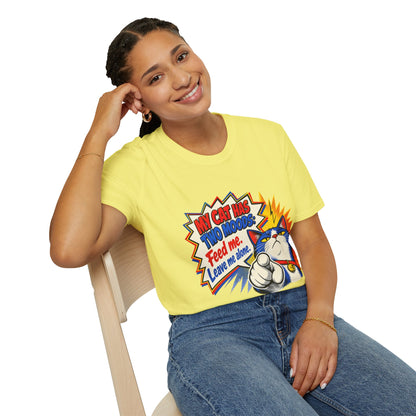 Cat T-Shirt — "My Cat Has Two Moods: Feed Me, Leave Me Alone" Funny Retro Comic Tee