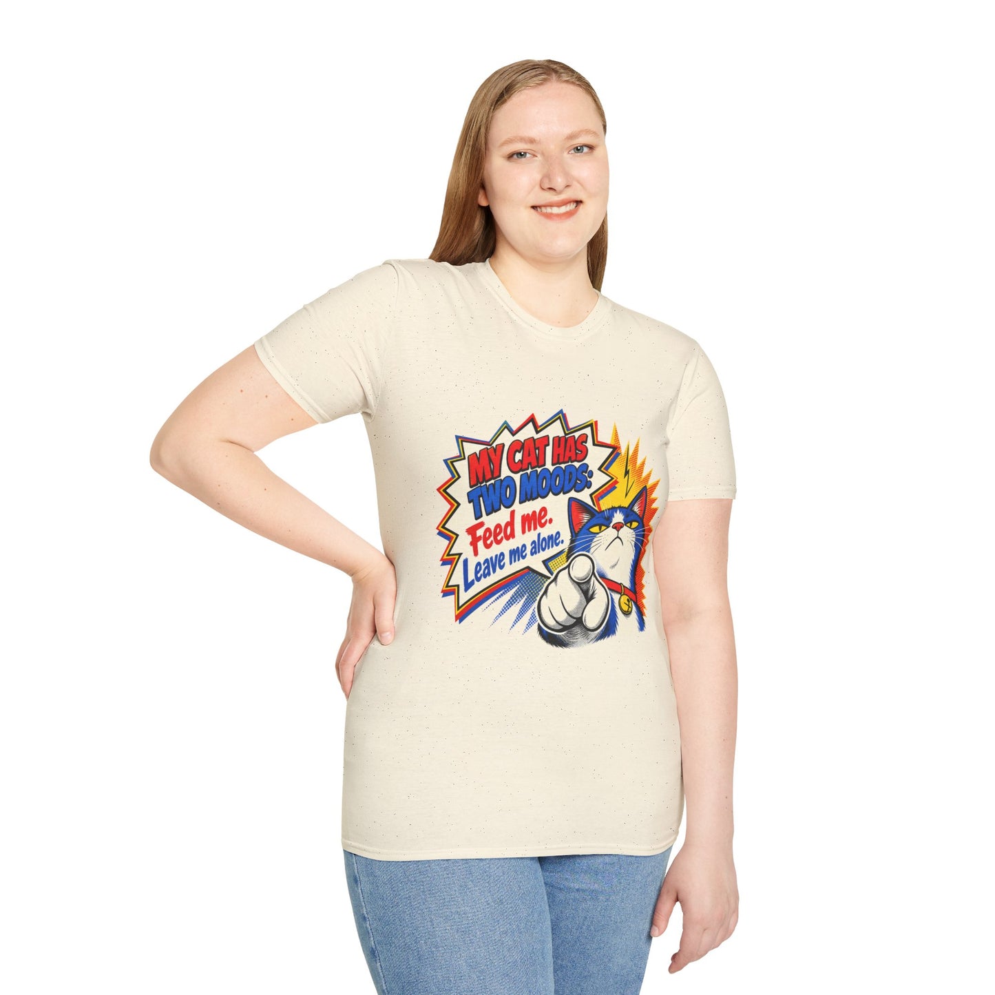 Cat T-Shirt — "My Cat Has Two Moods: Feed Me, Leave Me Alone" Funny Retro Comic Tee