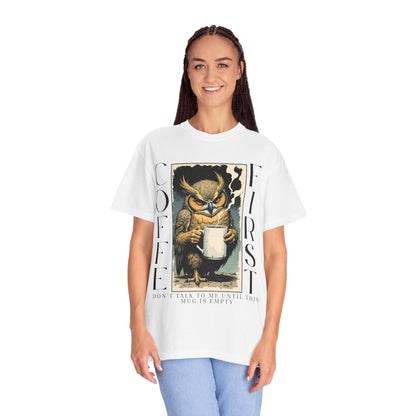 Coffee First Owl T-Shirt — Vintage Owl Holding  Graphic Tee