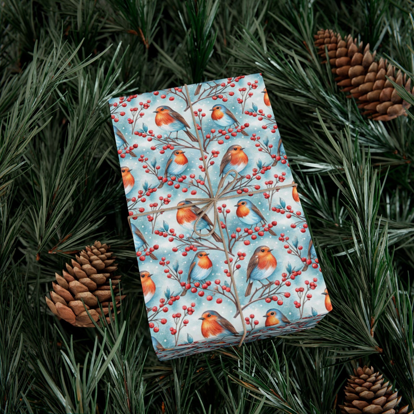 Robin & Berries Gift Wrap Paper — Winter Holiday Wrapping Sheets