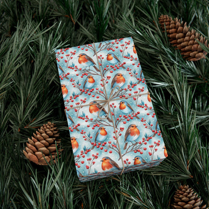 Robin & Berries Gift Wrap Paper — Winter Holiday Wrapping Sheets
