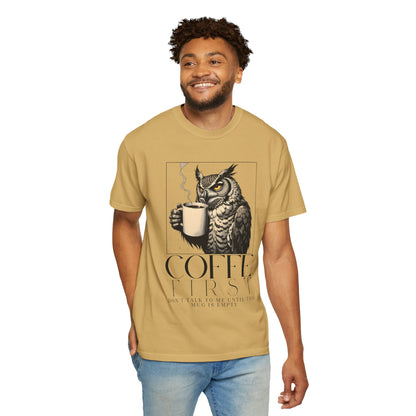 Coffee First Owl T-Shirt — Coffee Lover Graphic Tee