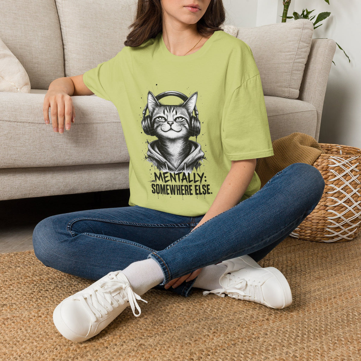 T-Shirt — Cat with Headphones "Mentally: Somewhere Else" – Cute Relaxed Graphic Tee for Cat Lovers