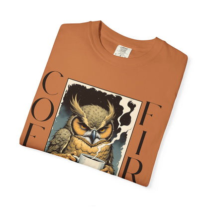 Coffee First Owl T-Shirt — Vintage Owl Holding  Graphic Tee